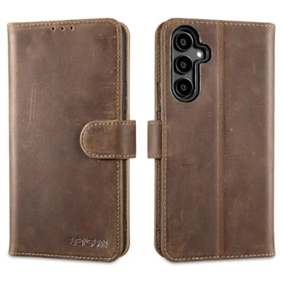 Abbildung von LENSUN Echtleder Hülle für Samsung Galaxy A54, Handyhülle [Echtes Leder] [Magnetverschluss] Handytasche Flip Lederhülle Klapphülle A54 5G Vintage Dunkelbraun