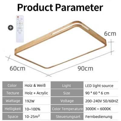 Abbildung von style home Deckenleuchte Holz LED Deckenlampe, dimmbar mit Fernbedienung, 192W, 90*60*6cm, Rechteckig, Warmweiß bis kaltweiß, Geeignet für Küche, Büro, Wohnzimmer, Schlafzimmer