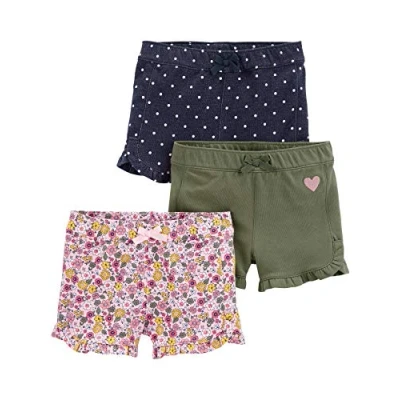 Abbildung von Simple Joys by Carter&#039;s Mädchen 3 Pack Knit Shorts, Jeans Punkte/Olivgrün Herzen/Rosa Floral, 12 Monate (3er Pack)