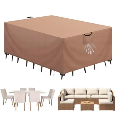 Abbildung von Aujink Abdeckung Gartenmöbel Winterfest, Wasserdichte Schutzhülle 420D Oxford Anti UV Abdeckplane für Gartentische Terrassenmöbel Regenschutz und Staubfest Abdeckhaube Khaki 200x160x70cm