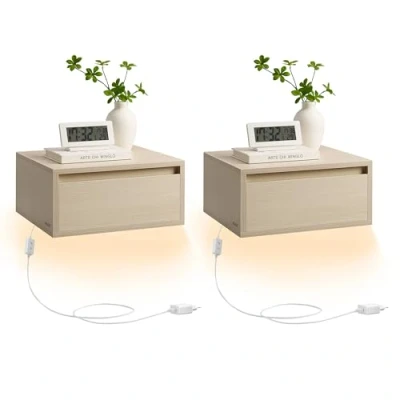 Abbildung von VASAGLE Nachttisch hängend 2er Set, Leuchte mit 3 Farben, schwebendes Wandregal, Schublade, 35 x 40 18 cm, modern, Wohnzimmer Schlafzimmer, naturbeige LET854N01