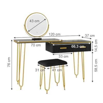Abbildung von Vicco Schminktisch Zoey, Schwarz Hochglanz, 120 cm mit LED Spiegel und Hocker