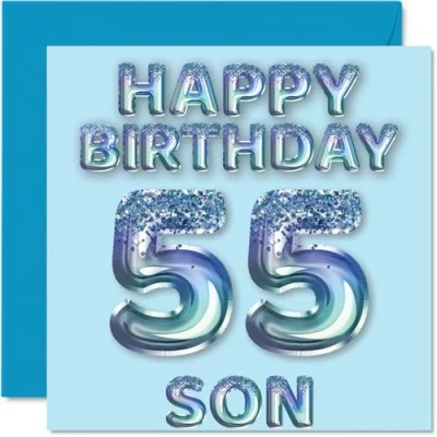 Abbildung von Geburtstagskarte zum 55. Geburtstag für Sohn, blaue Glitzer Party Luftballons, Happy Birthday Karten den 55 jährigen Sohn von Mama, Papa, Eltern, 145 mm x mm, Geburtstagsgrußkarten, Geschenk