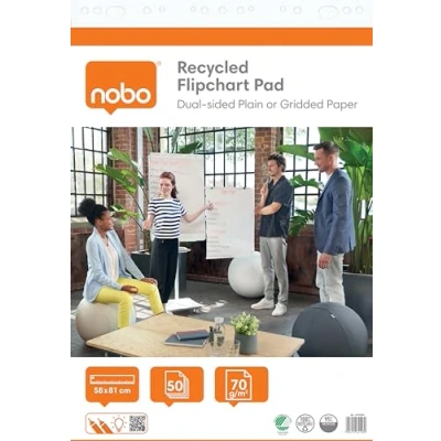 Abbildung von Nobo Recycling Flipchart Block 58 x 81 cm, nachhaltiges doppelseitiges Papier, blanko &amp; kariert, 50 Blatt, 70g/m², 1 Packung, gerollt verpackt, für Meetings Brainstorming überall, 1915659