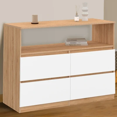 Abbildung von Kommode mit 4 Schubladen TOMI 100 cm Nische in Buchenholzoptik und Weiß IDMarket