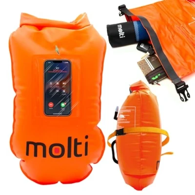 Abbildung von molti 2in1 aufblasbare Schwimmboje und Trockensack 15L 28L Pull Boje mit Handytasche für Erwachsene Baywatch Orange Sicherheit beim Schwimmen Open Water Triathlon (BA004, Orange, 28 L)