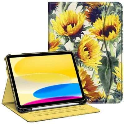 Abbildung von Fintie Schutzhülle für iPad der 10. Generation 10,9 Zoll (Modell 2022), Multi Winkel Ansicht, mit Stifthalter und Tasche, automatischer Schlaf /Wachmodus, Sonnenblumen
