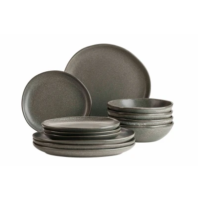 Abbildung von MÄSER 934008 Serie Marlena, Modernes Vintage Geschirr Set für 4 Personen, 12 teiliges Tellerset mit edel glänzender, grauer Glasur weißen Sprenkeln, Steinzeug, grau