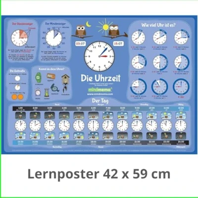 Abbildung von mindmemo Lernposter Die Uhrzeit lernen Grundschule Poster Deutsch Uhr für Kinder Lernhilfe Zusammenfassung DIN A2 42x59 cm PremiumEdition in ... DinA2