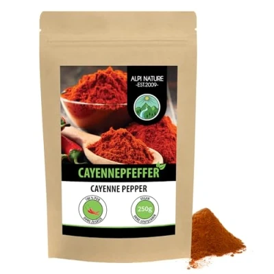 Abbildung von Cayenne Pfeffer gemahlen (250g), Cayennepfefferpulver, 100% natürlich, sehr scharf, Chili schonend getrocknet und gemahlen, ohne Zusätze