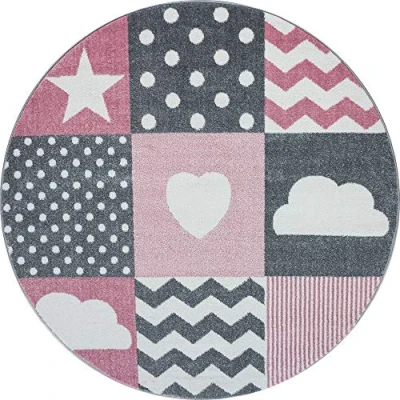 Abbildung von Carpetsale24 Kinderteppich Modern Herz und Stern Design Pink 120 cm Rund Kurzflor Teppich Kinderzimmer Waschbarer Babyteppich Spielteppich für Junge Mädchen Extra Weich Antiallergen Runder