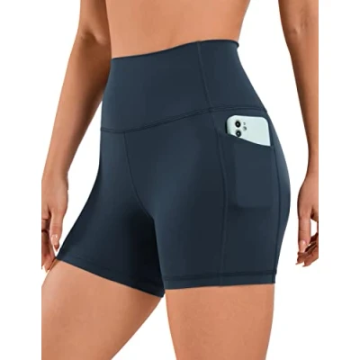 Abbildung von CRZ Yoga Naked Feeling Damen Kurze Leggings High Waist Radlerhose Fitness Sporthose mit Taschen 10cm Echte Marine 38