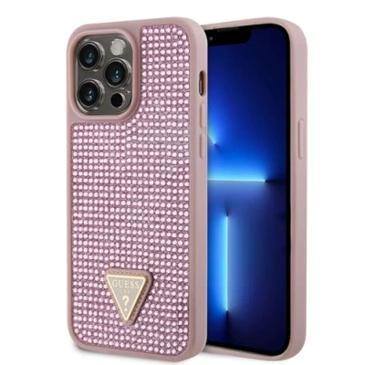 Abbildung von CG Mobile Guess Schutzhülle für iPhone 15 Pro Max Strass Hülle mit Dreiecks Logo, Kratzfest, sturzfest, stoßfest, vollständiger schlanker Stoßstangenschutz, Rückabdeckung 6,7