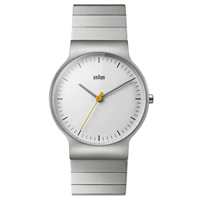 Abbildung von Braun Mens Slim 3 Hand Analogue Quartz Watch, White Dial and Stainless Steel Bracelet 38mm Case, Model BN0211SLBTG.