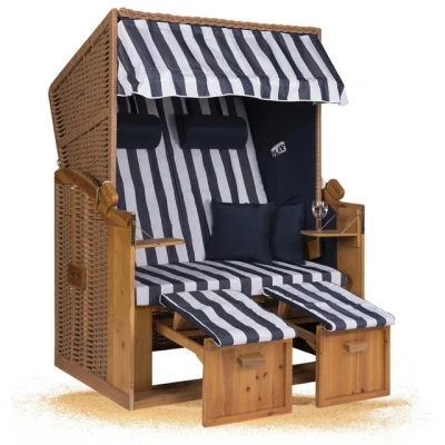 Abbildung von Strandkorb Hanse Ostsee XXL Volllieger Blau 2 Sitzer 120cm breit, ideal für Garten, Terrasse und Balkon (Blau Weiß Gestreift, zerlegt)