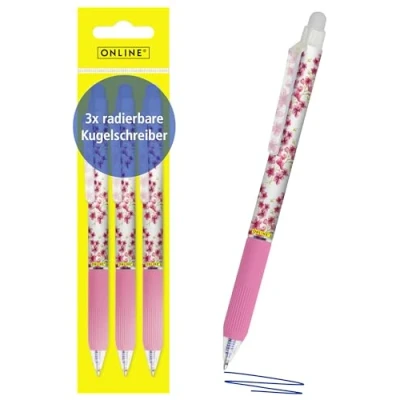 Abbildung von Online magiXX, 3x Radierstift Cherry Blossom I Gelschreiber blau radierbar mit 0,7mm Strichstärke Tintenroller zum Schreibenlernen, Büro Erasable Pen Set Radierbarer Kugelschreiber Schüler