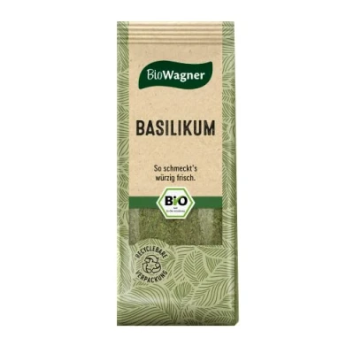 Abbildung von BioWagner Bio Basilikum verfeinert Pastasaucen, Gemüse und Fleisch naturbelassene Zutaten recyclebare Verpackung 10 g