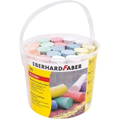 Abbildung von Eberhard Faber 526512 Straßenmalkreiden in 6 leuchtenden Farben, Eimer mit 20 Kreiden, für bunten Malspaß auf Asphalt, Straßen und Gehwegen (1 Neues Modell)