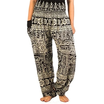 Abbildung von Lofbaz Damen Haremshose mit gesmoktem Bund Geometrischer Druck Schwarz Size XL