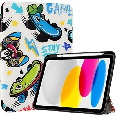Abbildung von ProCase Hülle für ipad 10. Generation 2022 10,9 Zoll mit Stifthalter, Stoßfeste Smart Case Cover transparenter Rückseitenschale Schutzhülle Kompatibel 10th Gen Game