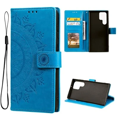 Abbildung von CoverKingz Handy Cover kompatibel mit Samsung Galaxy S22 Ultra Handyschutz Kartenfach Klapphülle Bookcase Hülle aufklappbar Motiv Mandala Blau