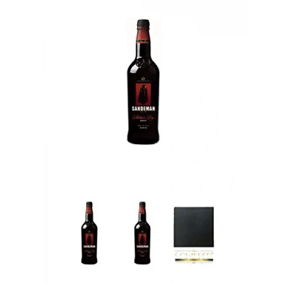 Abbildung von Sandeman Medium Dry Sherry Spanien 0,75 Liter + Schiefer Glasuntersetzer eckig ca. 9,5 cm Durchmesser