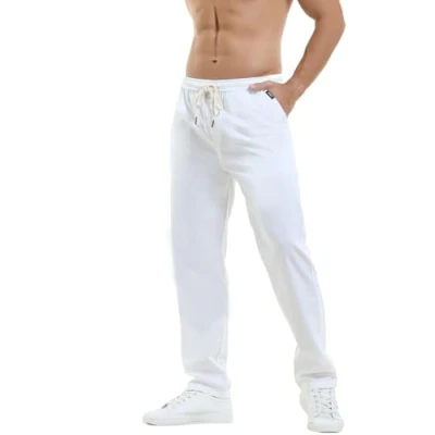 Abbildung von HOEREV Men Casual Strandhosen Leinen Hose Gr. S (Taille 30 32 zoll), Weiß