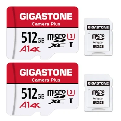 Abbildung von Gigastone Kamera Plus 512GB MicroSDXC Speicherkarte 2er Pack + SD Adapter, für Action und Drohne, Lesegeschwindigkeit bis zu 100MB/s, 4K Videoaufnahme, A1 U3 Klasse 10 Micro Karte UHS I