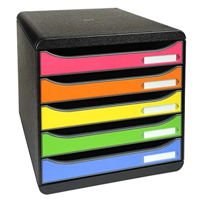 Abbildung von Exacompta 309798D Premium Ablagebox mit 5 Schubladen für DIN A4+ Dokumente. Stapelbare Schubladenbox hoher Kapazität mehr Platz auf dem Schreibtisch Big Box Iderama SchwarzBunt