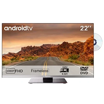 Abbildung von SYLVOX 22 Zoll 12V Smart TV für Wohnmobil, eingebauter DVD Player, Sat Satellit Decoder, Android Fernseher Truck Cruises Trailer Support RJ45 &amp; WiFi, Rahmenlos 1080P FHD