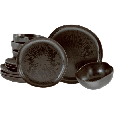 Abbildung von CreaTable, 21249, Serie Natura Organic RUSTY, 12 teiliges Geschirrset, Teller Set aus Steinzeug, spülmaschinen und mikrowellengeeignet, Made in Portugal