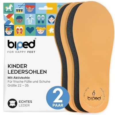 Abbildung von biped 2 Paar Kinder Premium Leder Einlegesohlen mit Aktivkohle Ledersohlen gegen Schweißfüße Weiche Einlagen für Kinderschuhe z2766(26 27)
