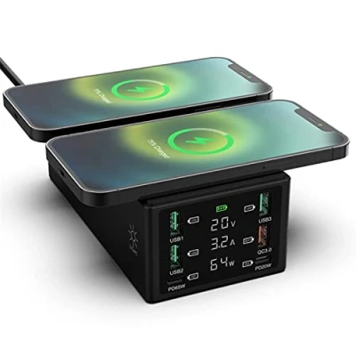 Abbildung von Braveking1 150W 6 Anschlüssen USB Ladegerät, Ladestation mit PD Schnellladegerät QC 3.0 Anschluss, Dual Kabelloses LCD Display, C Lade Desktop Hub für iPhone iPad Samsung