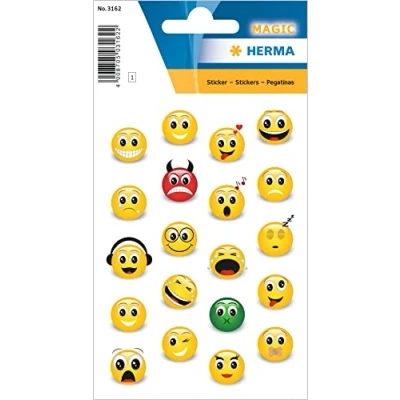 Abbildung von HERMA 3162 Aufkleber Smiley klein, 20 Stück, 3D Belohnung Sticker mit lustigen Emoji Gesicht Motiv, Kinder Etiketten für Schule Grundschule Schüler Tagebuch Scrapbooking Geburtstag Deko DIY Basteln