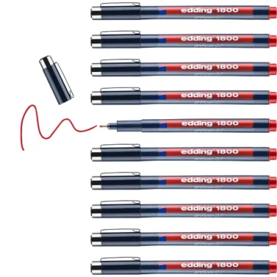 Abbildung von edding 1800 Präzisionsfeinschreiber rot 10 Stifte Linienbreite 0,7 mm Fineliner zum präzisen Schreiben und Skizzieren feine, metallgefasste Spitze Lineal schablonengeeignet