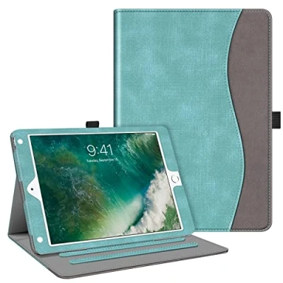 Abbildung von Fintie Hülle für iPad 9.7 Zoll 2018 2017 / Air 2 [Eckenschutz] Multi Winkel Betrachtung Folio Stand Schutzhülle Case mit Dokumentschlitze, Auto Sleep/Wake, Jeansoptik Türkis
