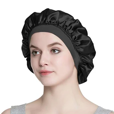 Abbildung von Alnorm Stilvolle Schlafmütze Seidige doppellagige Satinhaube Premium Breites Band Nachthemd für Haar Schönheit Frauen Kopfbedeckung, Schwarze, einlagige Schicht, One size
