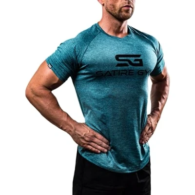 Abbildung von Satire Gym Fitness T Shirt Herren Funktionelle Sport Bekleidung Geeignet Für Workout, Training Slim Fit (L, Petrol meliert)