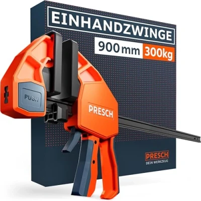 Abbildung von Presch Einhandzwinge 900mm Schnellspannzwinge mit 300kg Spannkraft für sofortiges Fixieren Extrem stabile Zwinge dank Carbonstahl &amp; glasfaserverstärktem Gehäuse Spannzwinge Spreizfunktion