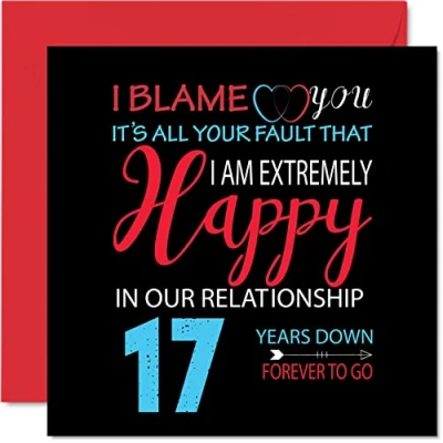 Abbildung von Stuff4 Lustige Karte zum 17. Jahrestag für Ehemann, Frau Your Fault I&#039;m Extremely Happy 17th Wedding Anniversary Card for Partner, 145 mm x Grußkarten siebzehnte Jahrestage