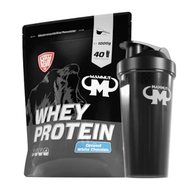 Abbildung von 1kg Mammut Whey Protein Eiweißshake Set inkl. Shaker, Riegel, Powderbank oder Tasse (Coconut White Chocolate, Gratis Shaker)