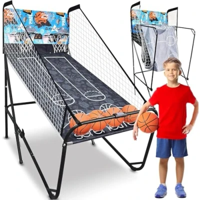 Abbildung von SereneLife Arcade Basketballspiel, Indoor/Outdoor, Klappbarer Doppel Basketballkorb, Elektronische Punkteanzeige, Spiel Timer &amp; vormontiertem Rahmen, 8 verschiedenen Spielen, Bis Zu 4 Spielern, Blau