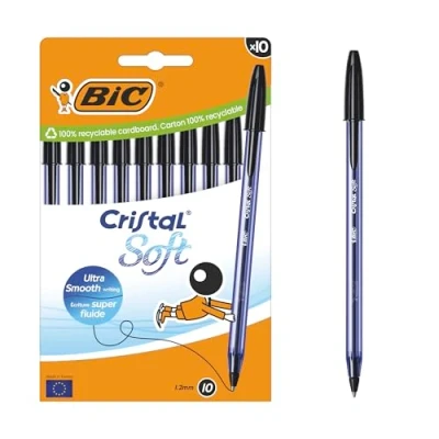 Abbildung von Bic Cristal Soft Kugelschreiber, mittlere Spitze (1,2 mm) mit leicht gleitender Tinte, Schwarz, Box 10 Stück