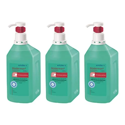 Abbildung von Schülke Desderman 3 x 1000 ml Hyclick Händedesinfektionsmittel Desinfektionsmittel mit integriertem Pumpspender