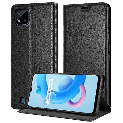 Abbildung von Cadorabo Hülle kompatibel mit Realme C11 2021 aus Premium Kunst Leder Flip Klappbare Stoßfeste Magnetische [Standfunktion] [Kartenfächern] Cover Case für Tasche in Schwarz
