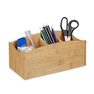 Abbildung von Relaxdays Schreibtischorganizer aus Bambus, Stifteköcher mit 4 Fächern, natürliche Maserung, HBT: ca. 11,5 x 26 13 cm, natur
