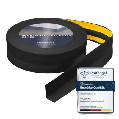 Abbildung von HOLZBRINK Sockelleiste PVC Weichsockelleiste selbstklebend 32x23mm Schwarz, L: 500 cm, 5m Rolle, Knickleiste Abschlussleiste