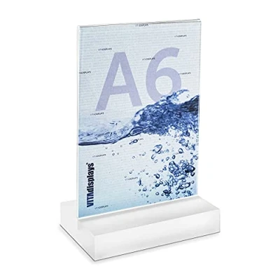 Abbildung von VITAdisplays DIN A6 Werbeaufsteller mit massiver, satinierter PLEXIGLAS Basis, T Ständer, Aufsteller als Tischaufsteller