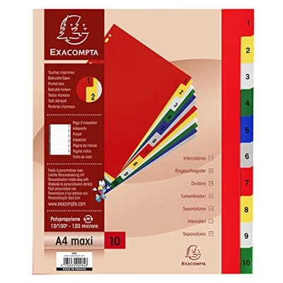 Abbildung von Exacompta 84E Kunststoff Register 1 10 für DIN A4 MAXI aus langlebigem teilig volle Höhe 24 x 29,7 cm weiß mit bedruckten, bunten Taben Universallochung Indexseite zum selbstgestalten