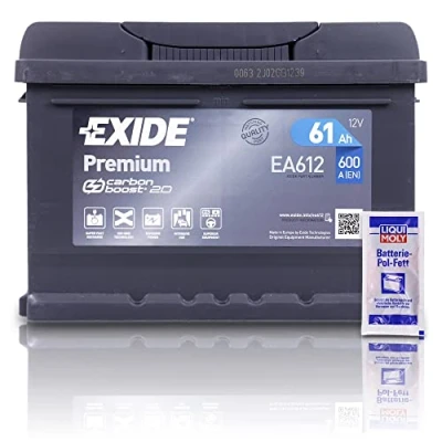Abbildung von EXIDE EA612 Premium Carbon Boost Autobatterie 12V 61Ah 600A Starterbatterie PKW KFZ Batterie Ersetzt 55Ah 56Ah 58Ah + 1x BATTERIEPOLFETT